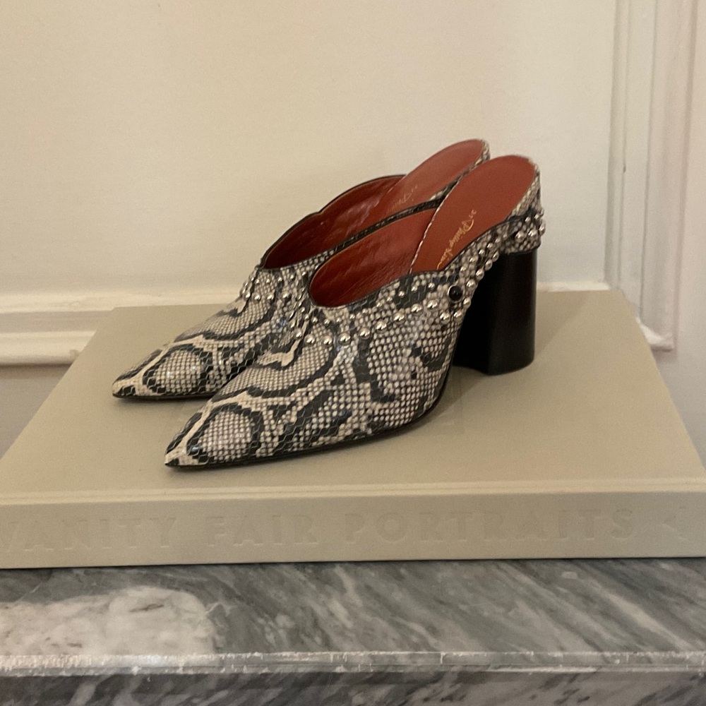 3.1 Phillip Lim Mules, Snake Skin Print with Silver Studded Details Size 39